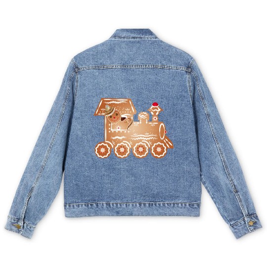 Gingerbread man as a train driver on the train Men's Denim Jackets