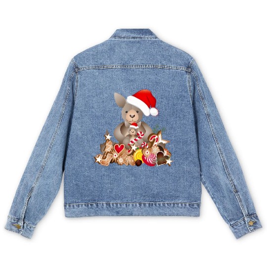 cute kangaroo for christmas with santa hat Men's Denim Jackets