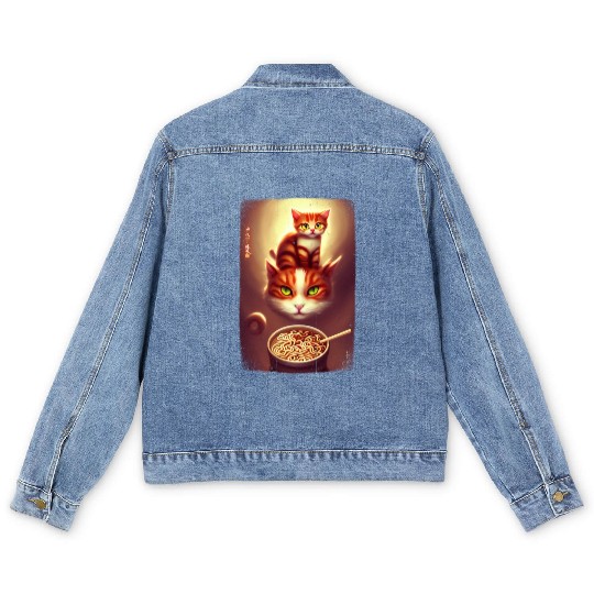kawaii Japanese cat ramen noodles bowl Men's Denim Jackets