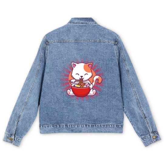 Cat Eating Ramen Men's Denim Jackets