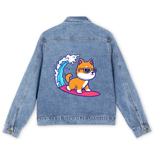 Cute Shiba Inu Dog Surfing in Sea Men's Denim Jackets