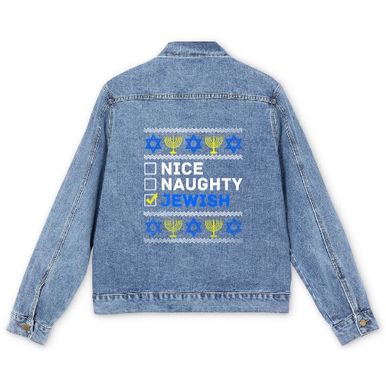 Nice Naughty Jewish Ugly Hanukkah Sweater Chanukah Men's Denim Jackets