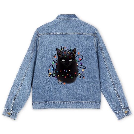 Black Cat christmas light Men's Denim Jackets