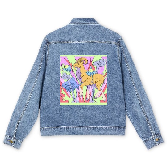 A goat and a fish in a fantasy garden Men's Denim Jackets