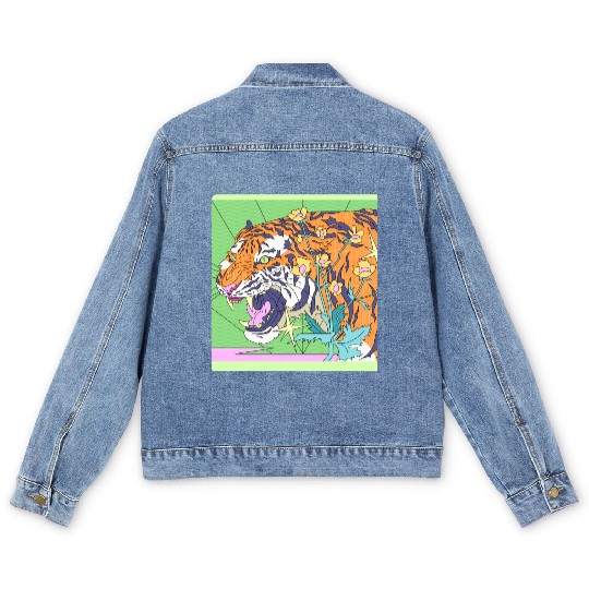 Tiger in a flower garden in a retro fantasy design Men's Denim Jackets