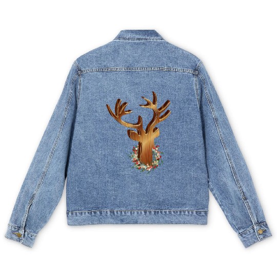Deer head in wood look with Christmas wreath Men's Denim Jackets