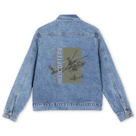 Easily Distracted By Helicopters Funny Military Men's Denim Jackets