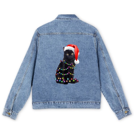 Black Cat Christmas Light Funny Cat Love Christmas Men's Denim Jackets