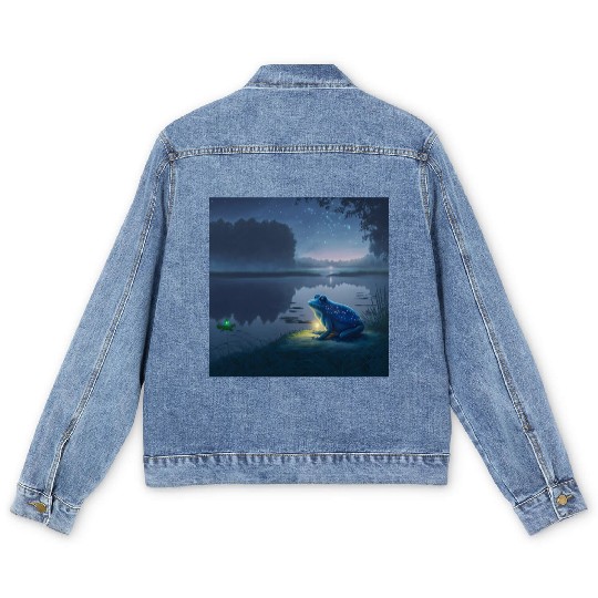 Blue Frog and Firefly on a pond at Night Men's Denim Jackets