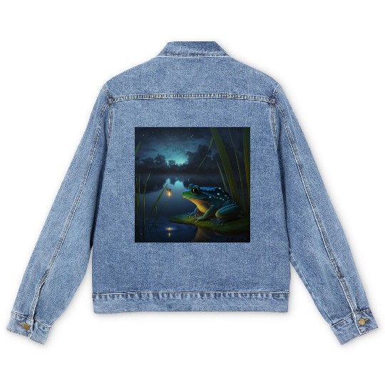 Frog and Firefly Friends on the Pond at Night Men's Denim Jackets