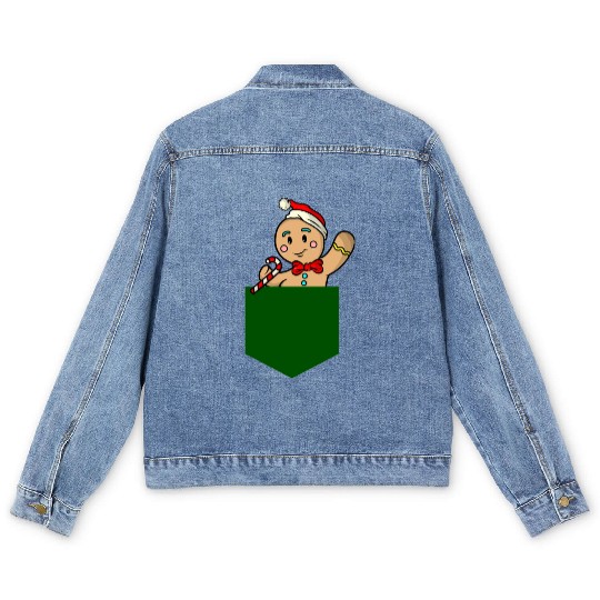 Christmas gingerbread man in breast pocket gift Men's Denim Jackets