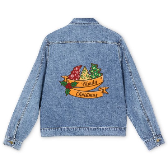 Xmas Family Christmas Mistletoe Fir Tree Men's Denim Jackets