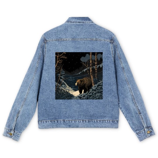 Ukiyo bear in forest landscape at night winter Men's Denim Jackets