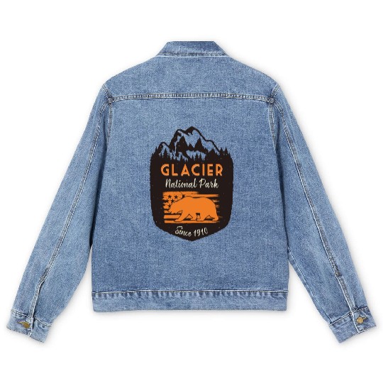 Glacier National Park US Flag Grizzly Bear Men's Denim Jackets