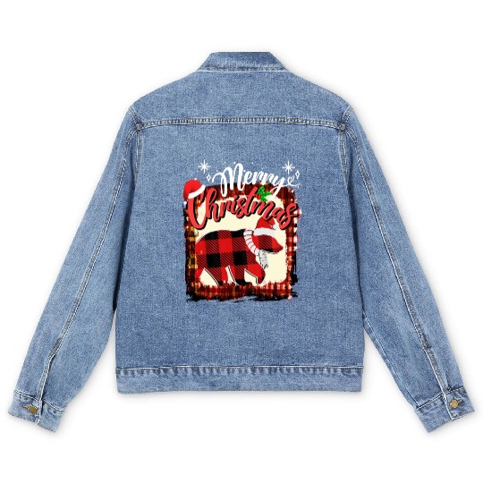 Merry Christmas Vintage Black Buffalo Plaid bear Men's Denim Jackets