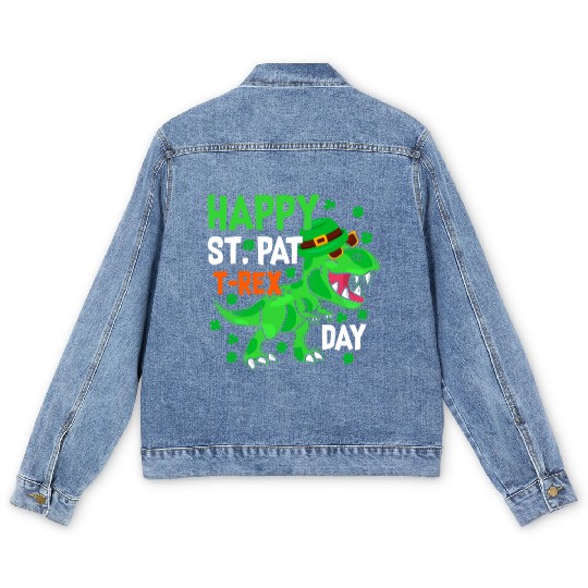 Happy St Pat T-Rex Saint Patrick's Day Dinosaur Bo Men's Denim Jackets