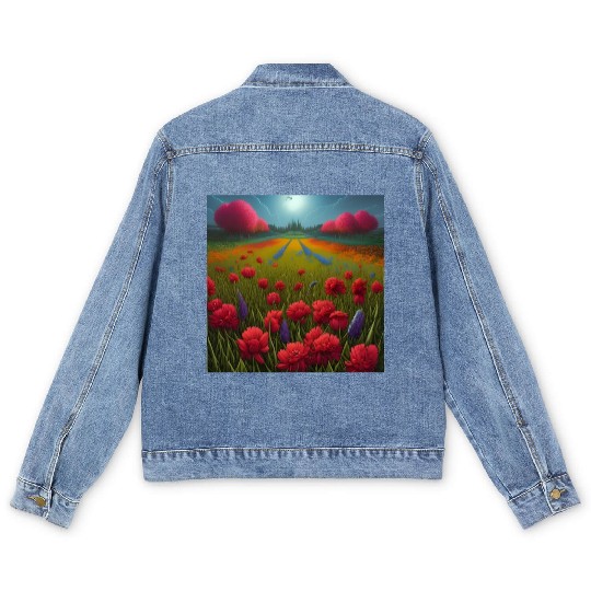 Beautiful Flowers along the Field Road Horizon Men's Denim Jackets