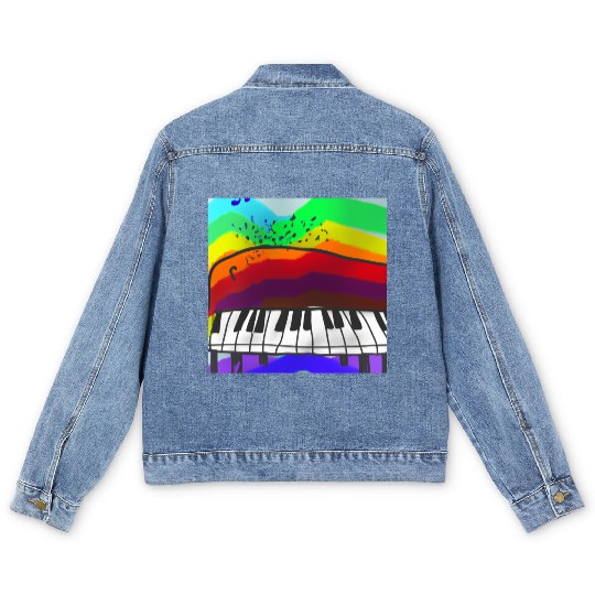 A beautiful piano in front of a colorful rainbow Men's Denim Jackets