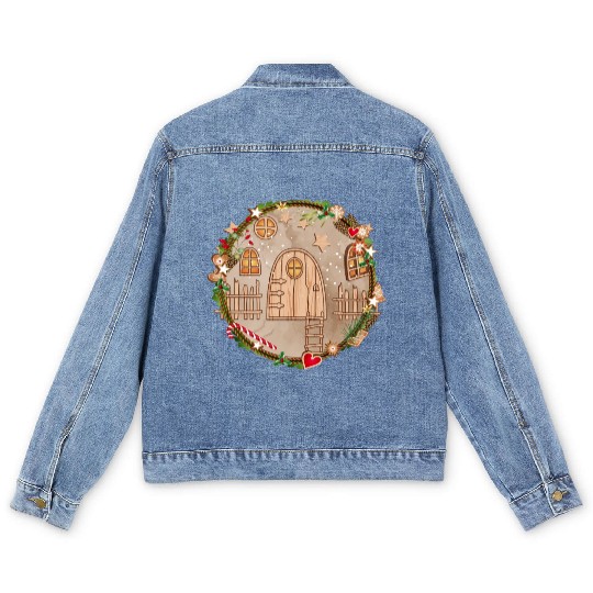 Elf door in Christmas wreath for Christmas Men's Denim Jackets