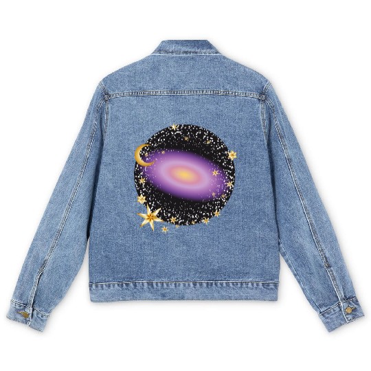 glowing violet galaxy with moon and stars Men's Denim Jackets