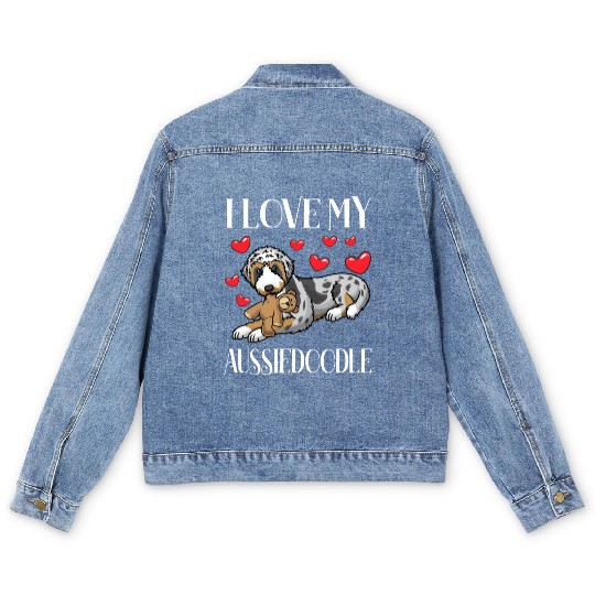 Aussiedoodle Dog With Stuffed Animal Men's Denim Jackets