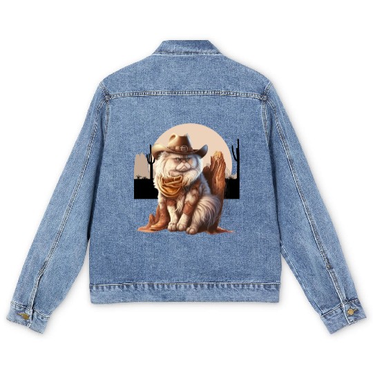 Cat Cowboy Hat meow Cowboy Cat Meme Men's Denim Jackets