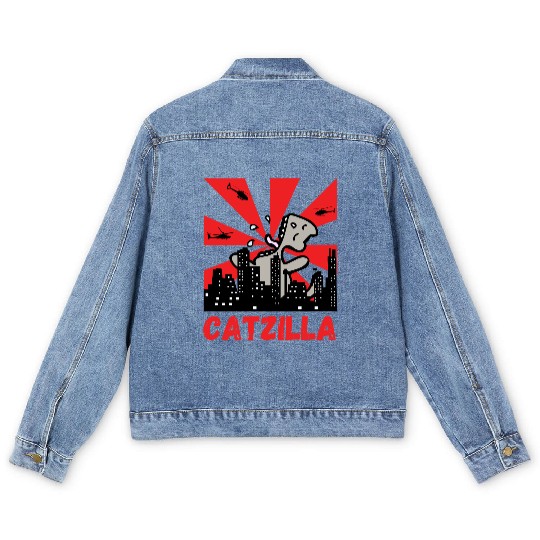 Catzilla funny cat Japanese Sunset Men's Denim Jackets