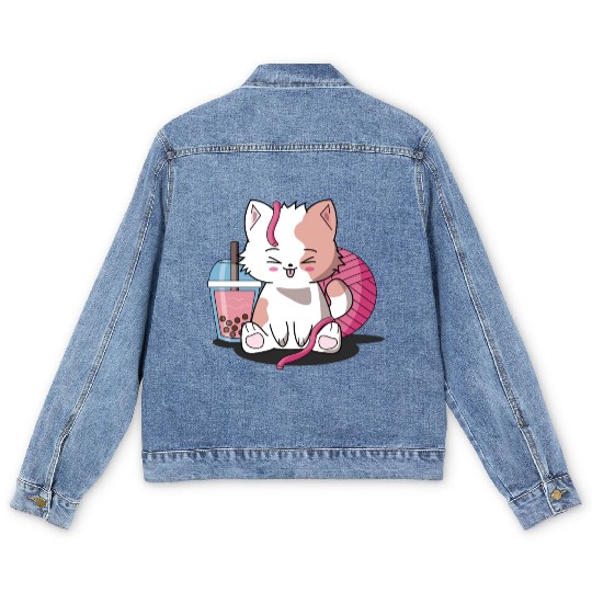 Chibi Boba Tea Cat Men's Denim Jackets