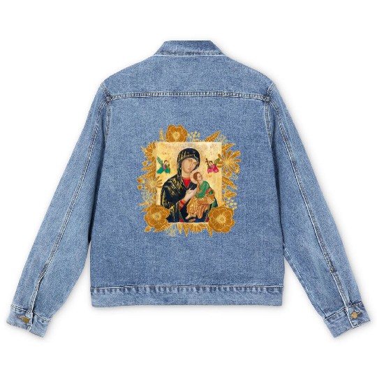 Our Lady of Perpetual Help Blessed Mother Mary Cat Men's Denim Jackets