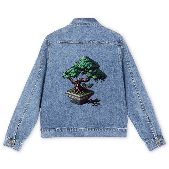 8 Bit Bonsai Tree Men's Denim Jackets