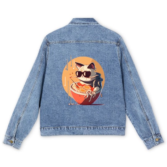 cat eating Chinese food,cute design for Meow lover Men's Denim Jackets