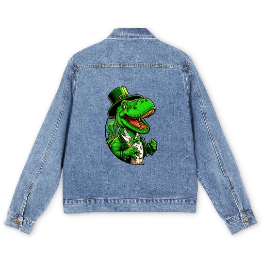 St Patricks Day T-rex Dinosaur With Top Hat Men's Denim Jackets