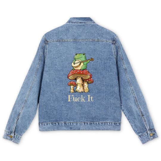 Cottagecore Frog Playing Guitar says Fuck It Men's Denim Jackets