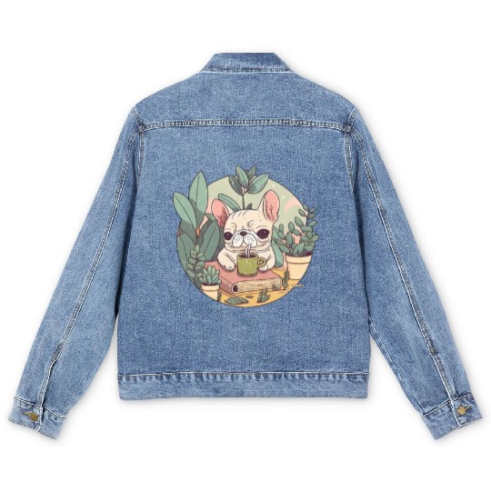 Cute Frenchie, Coffee & Books: A Perfect Pairing Men's Denim Jackets