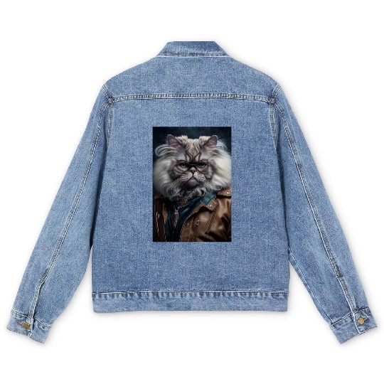 Persian Cat Breed Portrait wears a leather jacket Men's Denim Jackets