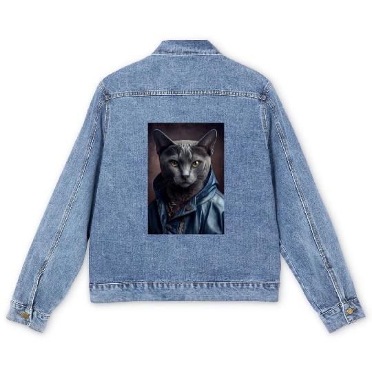 Russian Blue Cat Breed Portrait wears a leather j Men's Denim Jackets