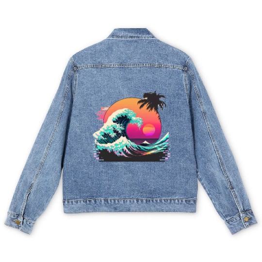 Vaperwave Aesthetic Glitch Great Wave Retrowave Sy Men's Denim Jackets