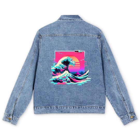 Vaperwave Aesthetic Glitch Great Wave Retrowave Sy Men's Denim Jackets