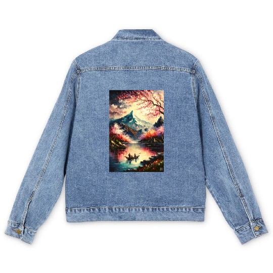 Serenity of the Cherry Blossom River Men's Denim Jackets
