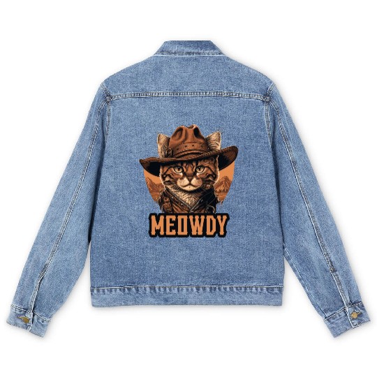 Meowdy - Funny Mashup Between Meow and Howdy - Cat Men's Denim Jackets