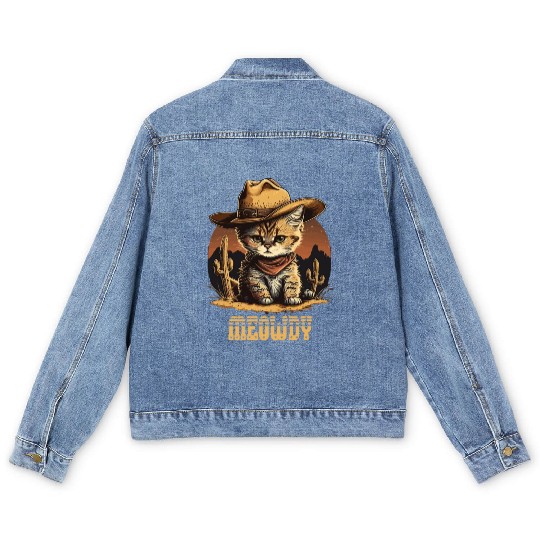 Meowdy - Funny Mashup Between Meow and Howdy - Cat Men's Denim Jackets