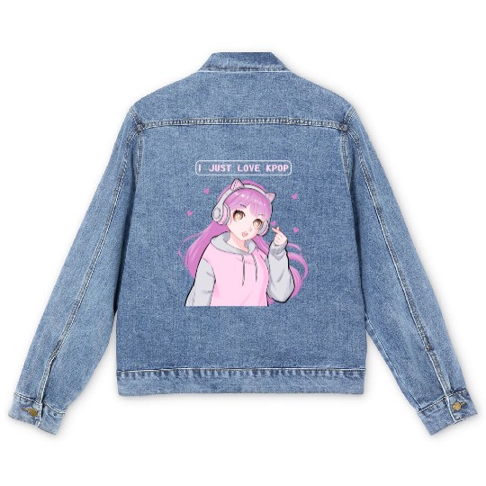 I Just Love Kpop Cute Anime Girl Finger Heart Sara Men's Denim Jackets