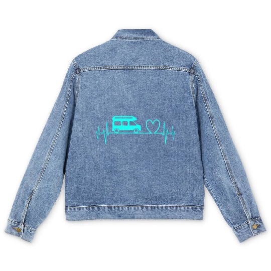 Camper Van camping Ecg heartbeat heart turquoise Men's Denim Jackets