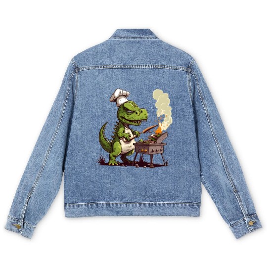 Baby Dinosaur Using A Charcoal Grill Cooking Meat Men's Denim Jackets