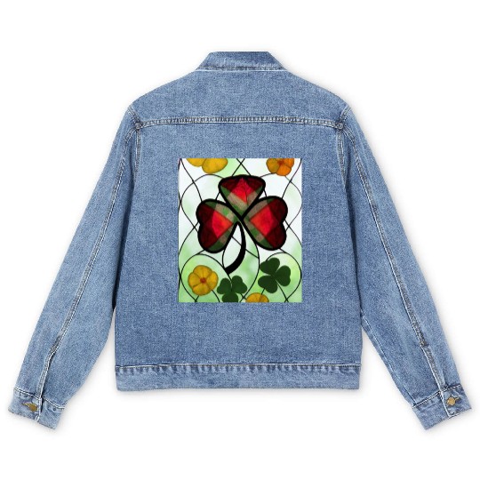 Red plaid Shamrock with Yellow Poppies (AI Art) Men's Denim Jackets