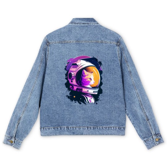 Aesthetic Vaporwave Space Cat 80s 90s Astronaut Men's Denim Jackets