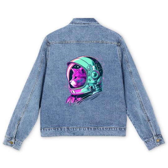 Aesthetic Vaporwave Space Cat 80s 90s Astronaut Men's Denim Jackets