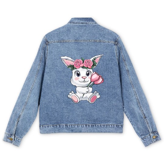 Baby Easter Bunny with Flowers cute Easter Egg Men's Denim Jackets