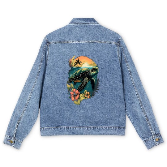 Turtle Hawaiian Sea Turtles Hibiscus Flower Men's Denim Jackets