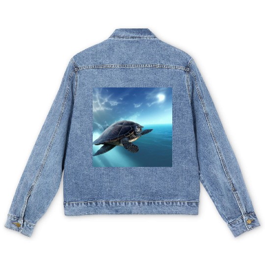 Turtle swimming in the blue ocean print Men's Denim Jackets
